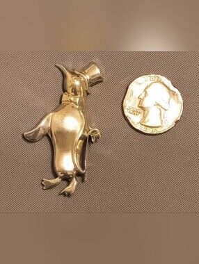 Vtg 1950s LANG Sterling Silver Gold Vermeil Penguin Brooch Top Hat & Cane